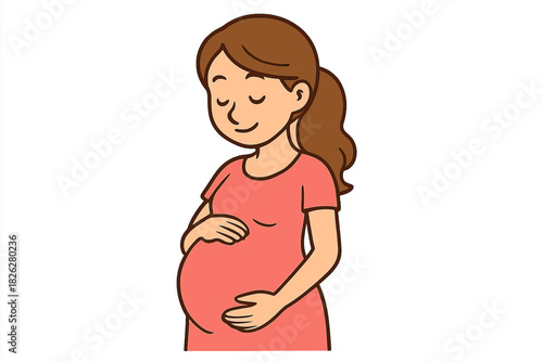 Happy expectant mother gently touching her pregnant belly symbolizing maternity
