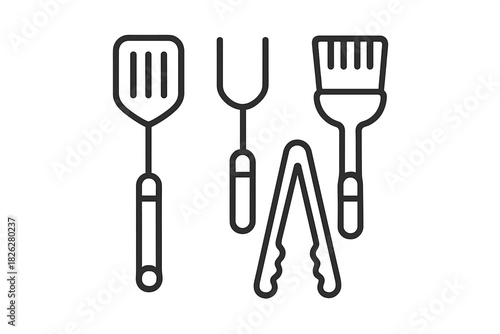 Outline icon set of barbecue grilling tools including spatula, meat fork, tongs, and brush