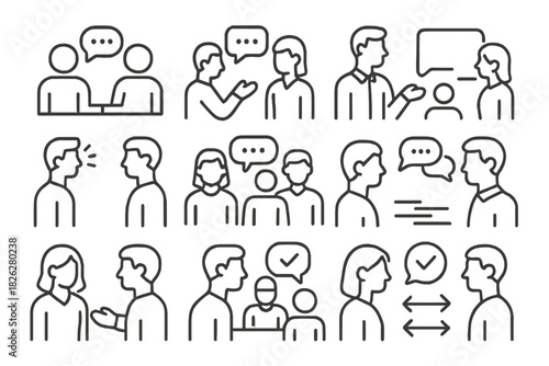 Linear symbols representing dialogue discussion feedback and human interaction