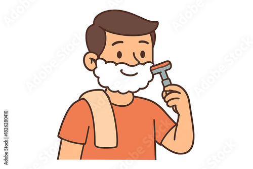 Young man applying shaving cream and using a razor to shave his beard during daily routine