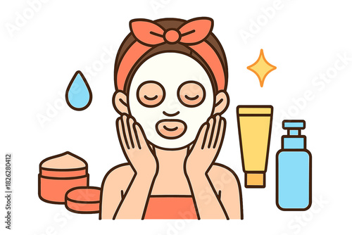 Woman applying facial mask and moisturizing products during self-care beauty routine