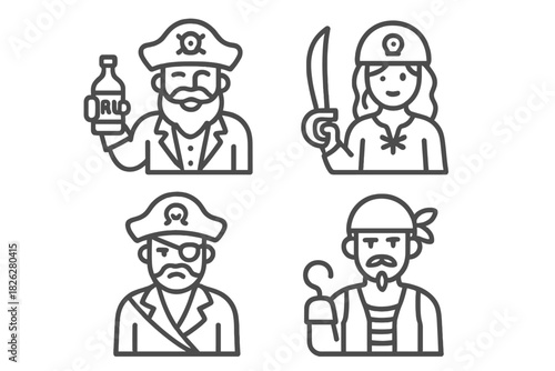 Four pirate character avatars featuring male and female buccaneers with accessories