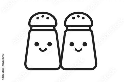 Cute cartoon salt and pepper shakers with happy smiling faces black and white drawing