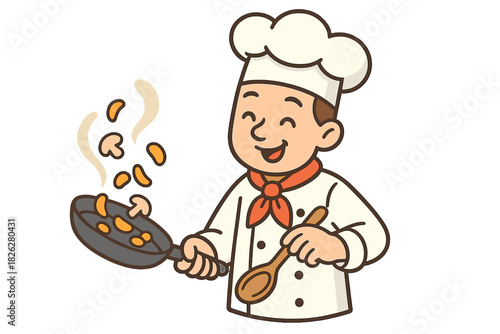 Professional chef smiling while tossing vegetables and mushrooms in a frying pan