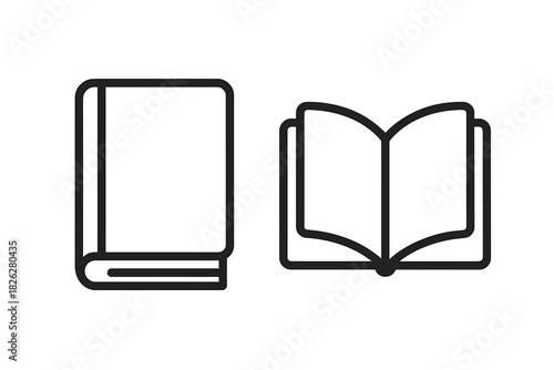 Minimalist outline icons of a closed book standing and an open book lying flat for reading and studying