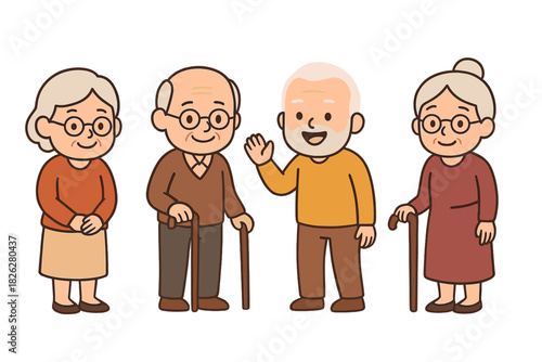 Friendly group of smiling senior citizens standing together with walking canes