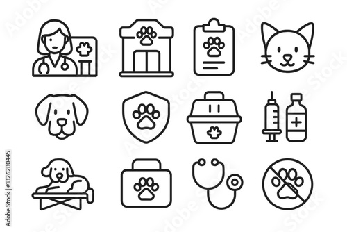 Veterinary medicine and pet care symbols including doctor, clinic, and medical tools