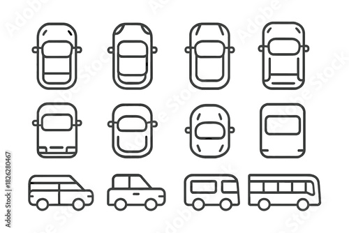 Outline symbols of transportation featuring passenger cars, minivans, and buses