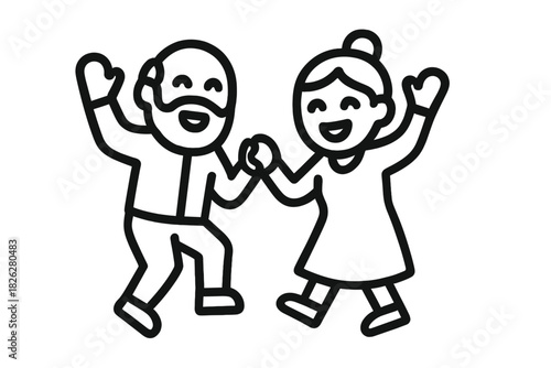 Cheerful senior couple holding hands and dancing celebrating happiness and retirement