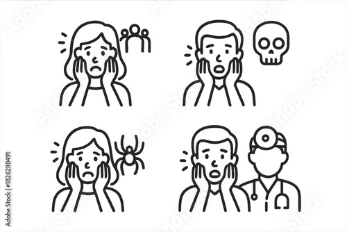 Minimalist line art depicting emotional distress, panic, and common phobia reactions