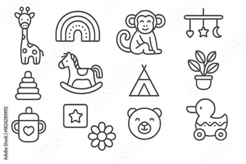 Cute baby toys and nursery essentials collection in minimalist outline design