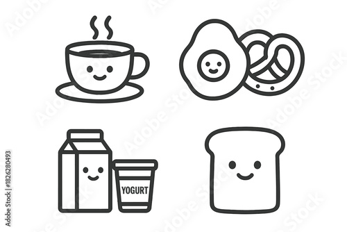 Outline symbols representing various common breakfast foods and dairy items collection