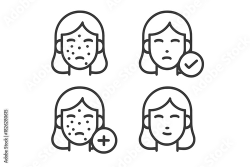 Before and after comparison of acne skin problems and clear healthy face treatment