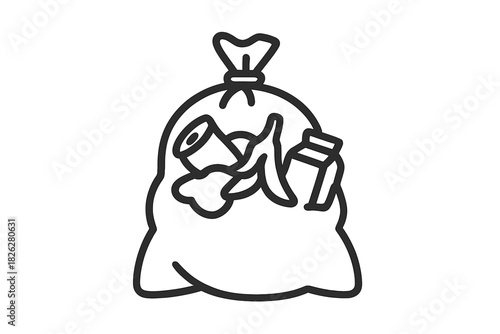 Black and white drawing of a full, tied trash bag containing household waste and organic garbage