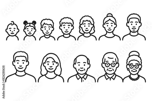 Simple black and white line icons showing human life stages from infancy to old age