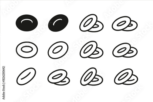 Simple black and white ring shapes showing various perspectives and stacking arrangements