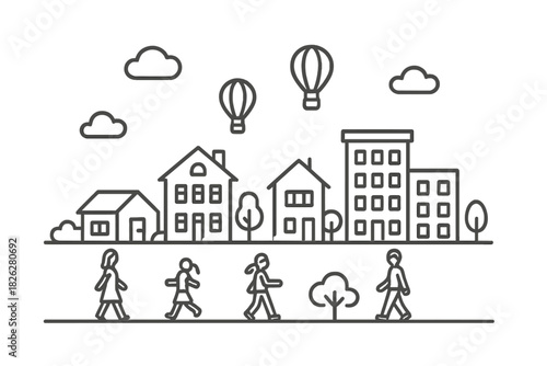 Quadro em tela Lively urban street scene featuring residential buildings, trees, and walking pe