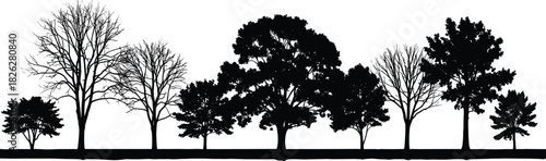 Tree silhouette lineup illustration, seasonal foliage variation sketch, botanical diversity design set, nature form vector layout, cad drawing flat vector illustration