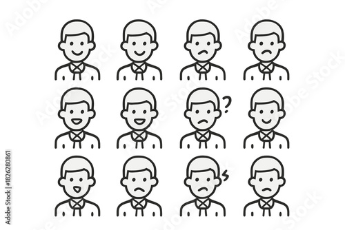 Collection of male avatars displaying various human emotions and facial expressions