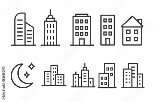 Various architectural structures including skyscrapers, residential buildings, and cityscapes outlines
