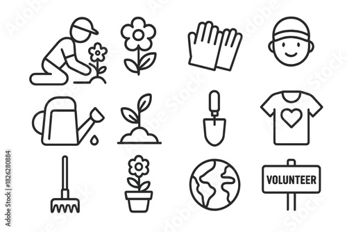 Outline icons for volunteering, gardening, planting, and environmental protection
