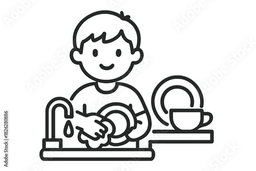 Smiling child washing dishes in kitchen sink doing household chores