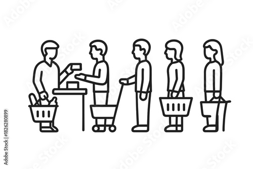 Customers waiting in line at supermarket checkout counter paying with credit card