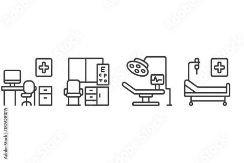 Medical facility rooms and hospital equipment set in a clean line art style