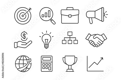 Black and white outline symbols for corporate strategy and financial success