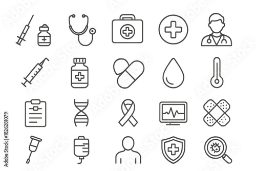 Set of essential medical and healthcare outline icons for web and digital design