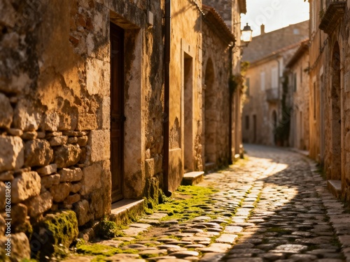 Charming Cobblestone Alleyway in an Old European Village Illuminated by Golden Hour Light