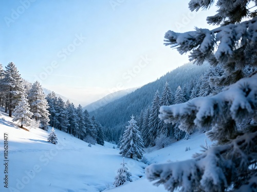 Serene Winter Valley Landscape with Snow-Covered Pine Trees and Bright Morning Sunlight