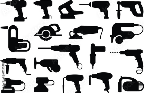 Silhouette Power Tools Icons Set. Drill, Saw, Hammer, Workshop Equipment Vector Illustration