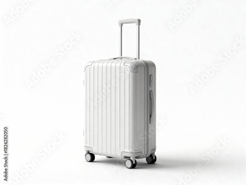 Minimalist White Carry-on Luggage Suitcase with Extended Handle on Isolated White Background