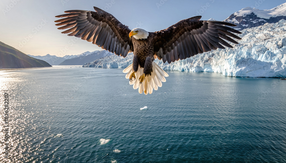 Obraz premium Majestic eagle in flight above glacial waters. Represents freedom, power, the wild. Inspiring for travel, conservation, leadership themes.
