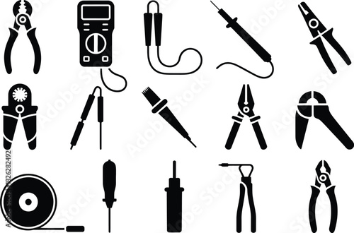 Silhouette Electrical Tools and Equipment Icons Set. Plier, Multimeter, Electrical Tools Vector Illustration