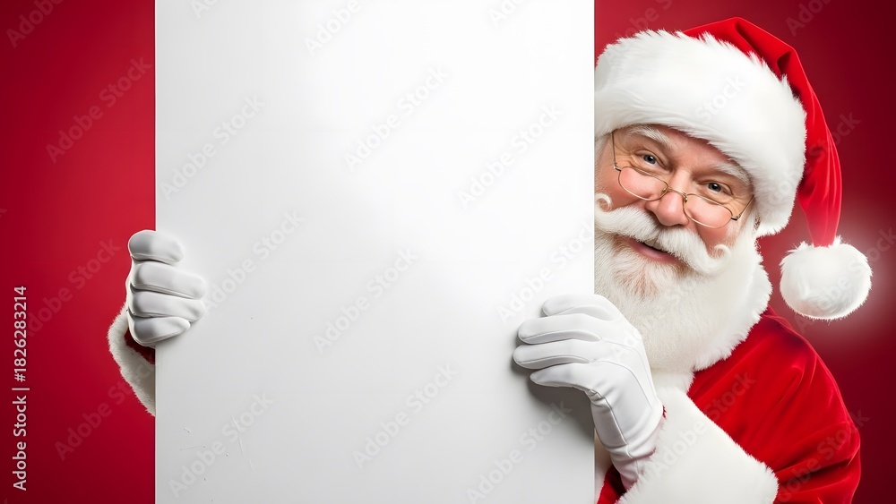 Naklejka premium Smiling santa claus peeks from behind blank white sign for copy