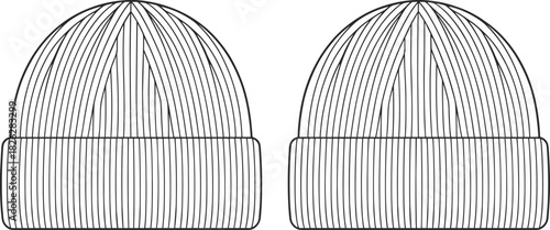 Unisex Knit Beanie Hat Technical Fashion Flat Drawing Template Vector Illustration Rolled Up Brim Fisherman Style Headwear CAD Artwork