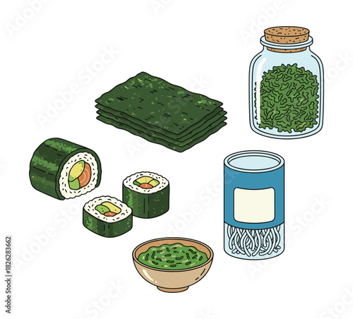 Japanese food set with sushi and seaweed