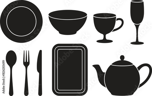 Silhouette Kitchenware and Tableware Icons Set. Plates, Glasses, Cups, Teapot, Utensils Vector Illustration
