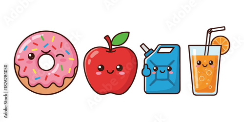 Kawaii food, drink, and gas can illustrations