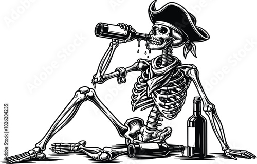 Vector illustration of a drunken pirate skeleton wearing a tricorn hat and bandana, sitting and skull-drinking directly from a liquor bottle, a bold, detailed, black and white design.