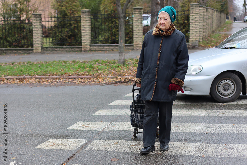 Fototapeta premium Elderly woman on street. Pensioner walks with cart for things. Woman walks on road. Transportation of personal belongings.