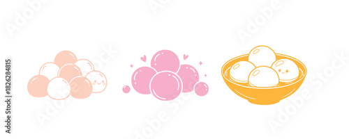 Vector graphic representation of adorable doodle-style Asian food tang yuan suitable for printing, design, greeting cards, stickers, and icons.
