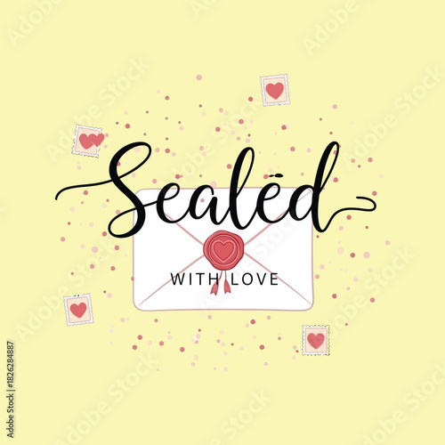 Hand drawn sealed envelope with hearts and confetti