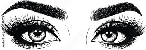 Vector illustration of striking female eyes with long, voluminous eyelashes and perfectly shaped thick eyebrows, emphasizing beauty, makeup, and seductive gaze.