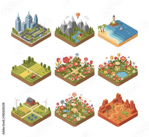 Isometric landscapes and vibrant nature scenes collection