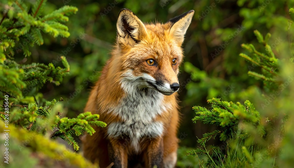 Fototapeta premium A red fox is nestled among green pine branches, looking off to the right with bright amber eyes