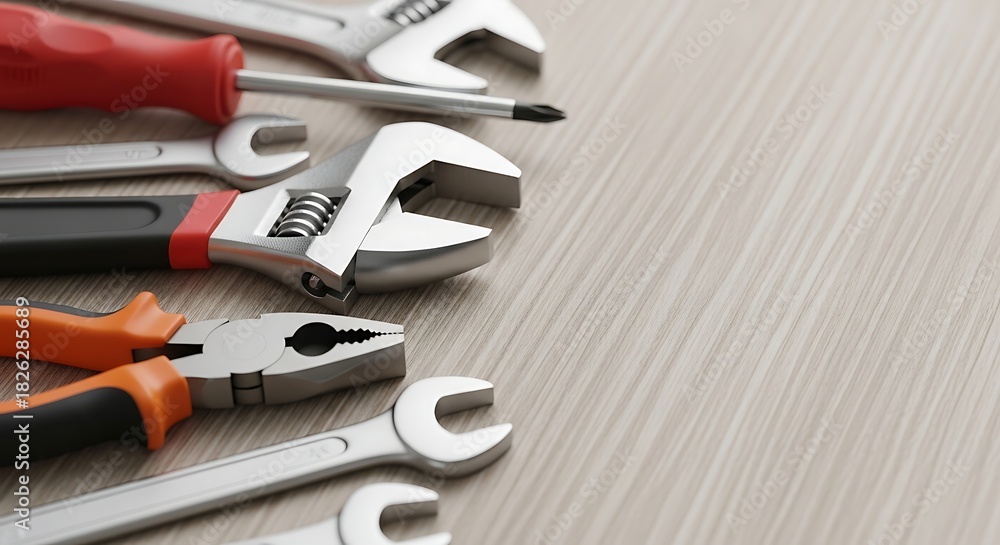 Fototapeta premium Assortment of metal tools lying on a wooden surface