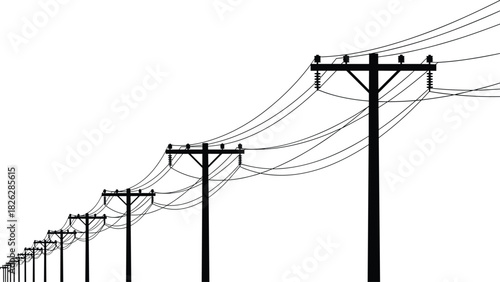 Vector silhouette illustration of a long perspective row of wooden power poles with multiple electric and telephone wires, symbolizing communication, connectivity, and power transmission.